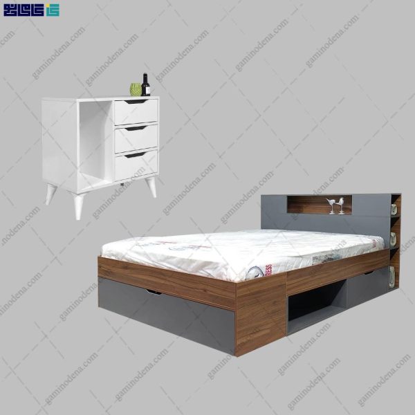 ست تخت خواب و پاتختی کشودار نورا